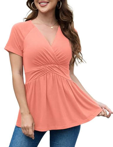 TIANZHU Toppar för kvinnor empire midja wrap baby docka tunika topp långärmad låg skuren skjorta V-hals flytande blus S-2XL, B06-korallröd, M