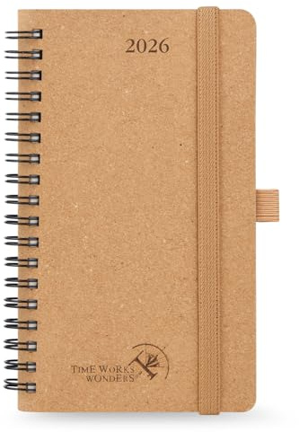POPRUN Kalender 2026 16,5 x 9 cm Liten Spiral Planerare, Hårt Omslag, Fickformat Kalender 2026, Papper Tillverkat av Förnybara Material med Avrivbara Hörn, 100 GSM tjockt papper, Ljusbrun