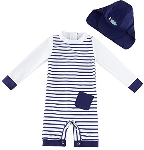 UMELOK Conjunto de Natación Bebé con Protección Solar Máxima UPF50+ - Diseño con Capucha, Mangas Largas y Material Transpirable 80/86 Raya Azul