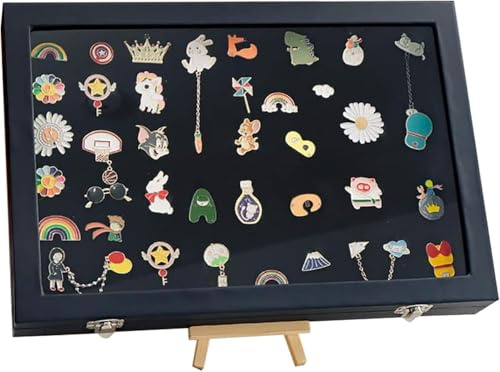 Pin Badge Display Case - 35×24cm Large Pin Collection Display Box with Clear Lid,Shadow Box for Wall Tabletop Jewelry Earrings Necklace Breastpin Medals Ribbons Gifts Enamel Pin Packing Breastpin