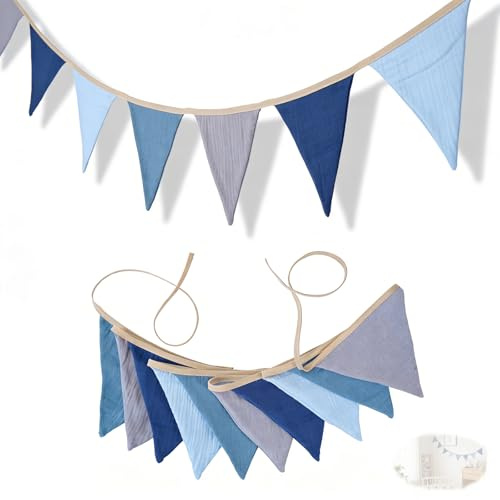 Guirnalda de banderín de algodón suave, guirnalda de banderines de gasa para decoración de habitación infantil, cama de casa y pared de fiesta, ideal como regalo perfecto (azul)