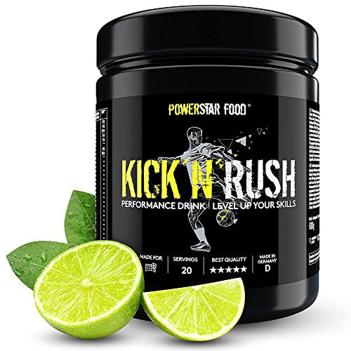 Powerstar KICK'N'RUSH Fresh Lime 600 g | Pre-Workout-Booster für Fußball & andere Ballsportarten | Deutsche Herstellung | Fitness-Pulver mit Elektrolyten & Koffein | Energie & Ausdauer im Training