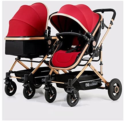 ZWJAX Zwillingskinderwagen Kombi, Faltbarer Doppelsitz-Tandemwagen Verstellbarer Rückenlehne, Reisesystem for Neugeborene Und Kleinkinder, Schiebegriff Fußstütze, Abschließbare Räder ( Color : Red )