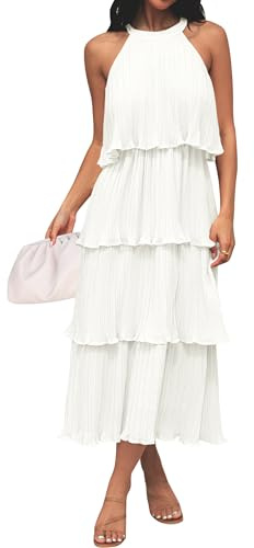 ZESICA Women's 2025 Summer Sleeveless Halter Neck Ruffle Tiered Layed Chiffon Flowy Swing Long Midi Dress,White,Large