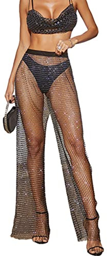 LUMoony Femmes Pantalons en résille avec des Pierres de Strass Coup Pantalons en Maille Transparente Creux Parties inférieures Strass Pantalons en résille Cristal Pantalon Taille Haute Leggings