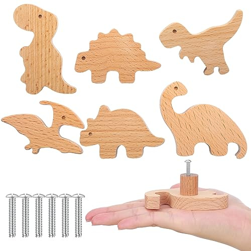 Qunclay Djur skåpknoppar i trä dekorativa byrålsknoppar i trä med skruvar byrå drar trä marin skog djurknoppar möbelknoppar barnkammare lådhandtag för dekor (dinosaurie, 6 set)