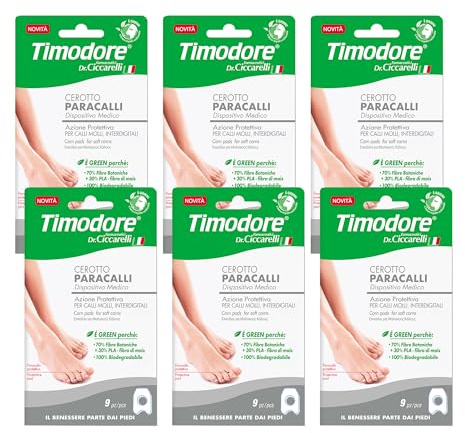 Timodore, Cerotti Paracalli per Calli Molli, Proteggono dallo Sfregamento della Scarpa, Prevengono il Riformarsi del Callo Molle, 100% Made in Italy, Dermatologicamente Testato, 6 Confezioni da 9 pz