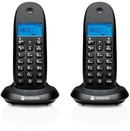 Motorola C1002CB+ - 2-pack DECT digitala trådlösa telefoner - Samtalsblockeringsläge, nummerpresentation, handsfree, 50-nummer telefonbok, bakgrundsbelyst display - svart