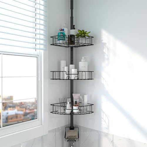 DAKEPOLE Duschregal, Höhenverstellbares Duschablage ohne Bohren Duschablage Schwarz Edelstahl Eckregal Bad Badregal mit 4 Körben für Badewanne und Badezimmer Rostfrei 137-317CM