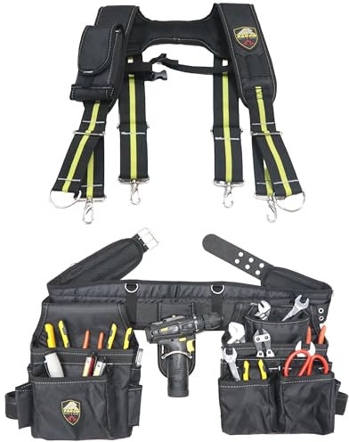 ZAKCO Professioneller Werkzeuggürtel aus 1680D Polyester mit Hosenträgern, robuster Werkzeuggürtel für Tischler, Rahmen, Elektriker, Klempner & Hanyman (Schwarz, volle Größe)