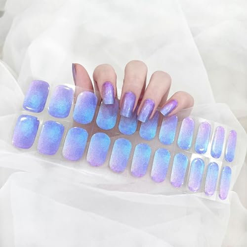 Ceboic Semi Cured Gel Nail Polish Strips, 22PCS Extra Long Gel Nail Stickers, Self-Adhesive French Manicure Stickers, Waterproof Full Nail Wraps Decal Sets for Women Girls Nail Art Decor, Blue Aurora