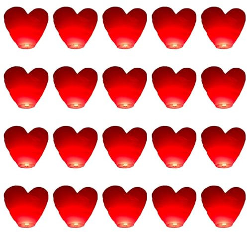 Lot de 20 Lanternes Chinoises Volantes en Forme de Cœur Rouge, lanternes géantes en forme de cœur rouge, pour Noël, Nouvel An, fêtes de souhaits et mariages