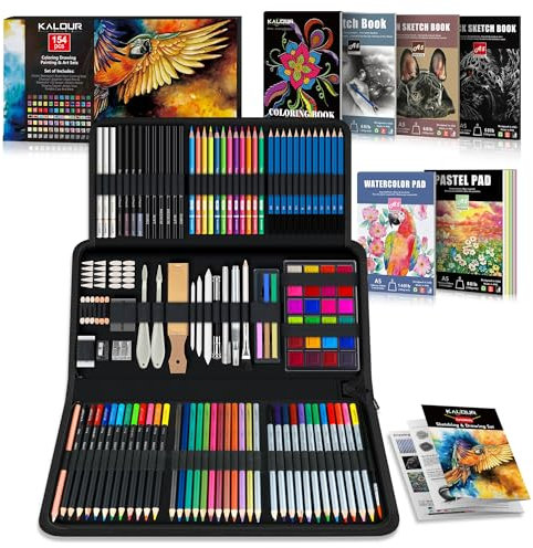 KALOUR 154 piezas de suministros de arte para artistas, kit de dibujo con 6 cuadernos de bocetos, tutorial, papel para colorear, grafito, carbón, acuarela y lápices metálicos, para artistas y