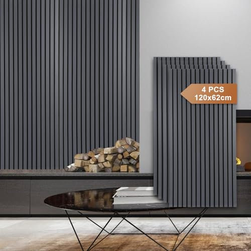 Fiqops 4X Akustikpaneele Holz 120x60cm Wandpaneele aus Holzfunier und Filz,Holzpaneele Grau,Wandverkleidung holz für Studio und Zuhause Innenwanddekoration – Großflächige Abdeckung