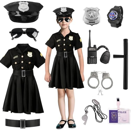 Deguisement Policier Enfant, Costume Policier Deguisement Fille mit Accessoires, avec Menottes, Chapeau, Badge, Montre, Carte d'identité, Talkie-walkie, Sifflet, Bâton, pour fête de Carnaval Cosplay