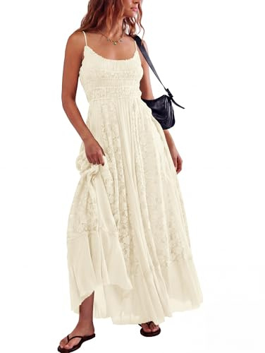 Gacaky Summer Dress for Women Casual Lace Floral Embroidered Bohemian Maxi Dress Flowy A Line Beach Long Dresses Beige Large