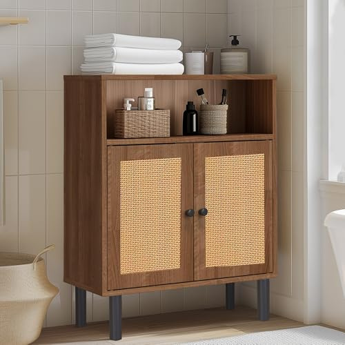 DongRong Rattan Storage Cabinet, Boho Accent Cabinet with Double Doors, Small Freestanding Sideboard for Hallway, Laundry Room,Kitchen, Dining Room, Entryway (Walnut)