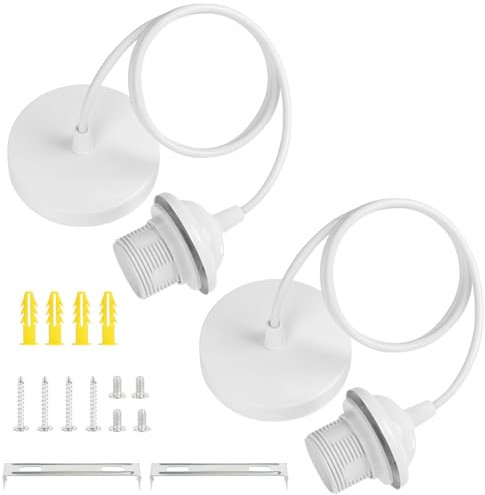 AUAUY 2 Pack White Pendant Light Fitting, E27 Lamp Holder for Ceiling Pendant Light with 90CM Adjustable Cable, Flex Cable Ceiling Rose, Modern Ceiling Fitting Set for Kitchen Dining Room Ceiling