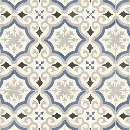 Sol Vinyle Textile Rénove - Effet Carreaux de Ciment arabesques - Bleu et Gris - Rouleau de 4m x 3.00m