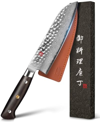 kanngou Japanese Chef Knife Kitchen Knife with 67 Layers Damascus Steel AUS-10 Core, Professional Damascus Knife with Full-Tang Ebony Wood Handle and Premium Gift Box (7 Inch Santoku Chefs Knife)