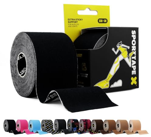 SPORTTAPE Nastro Kinesiologico 5 cm × 5 m – Nero | Nastro fisioterapico e sportivo per supporto muscolare, dolore ginocchio, spalla e caviglia | Impermeabile e ipoallergenico