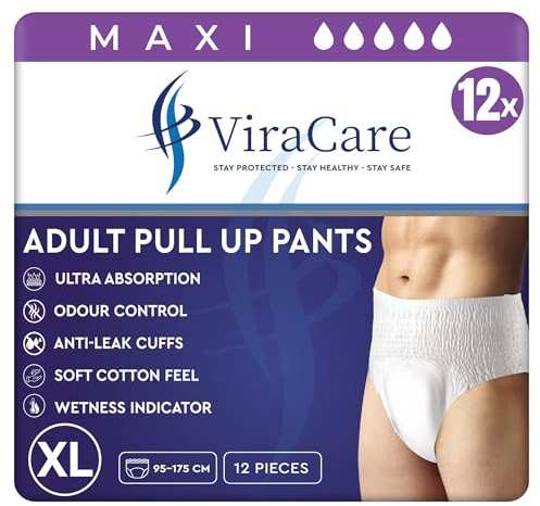 12 x Maxi Incontinence Pants Women & Men | Adults Diapers | Ultra Absorption and Soft-Stretch Waistband | Adults Pull Up Pants | Waist Size X Large 95-175 cm | (1 Pack of 12, XL)