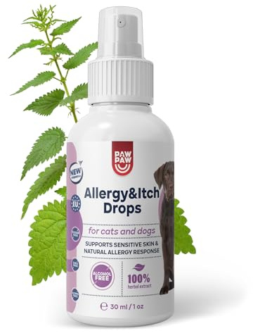 Paw2Paw Allergi och Klåda Spray för Hundar och Katter, Flytande Kompletteringsfoder med Nässla, Boswellia, Gurkmeja och Hampfrön, allergi och klåda, 30ml