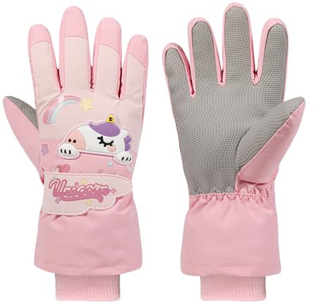 Jupsk Guanti da sci invernali per bambini, impermeabili, antiscivolo, in peluche, guanti termici da snowboard con unicorno arcobaleno, per bambine dai 5 ai 7 anni (rosa)