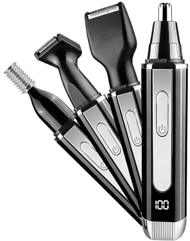 Nose Hair Trimmer for Men and Women: 4-in-1 Rechargeable Grooming Kit for Nose, Ear, Eyebrow & Beard, LED Display, High-Speed Precision Motor, USB-C Charging, Waterproof, Travel-Friendly (Black)