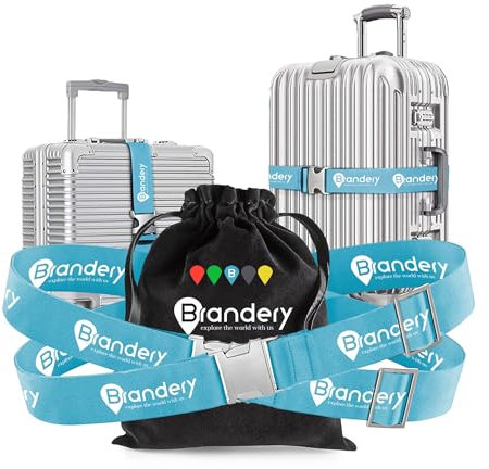 Brandery Koffergurt 2er Set mit Metallschnalle - sicher, auffällig & verstellbare Kofferbänder - Gepäckgurt S bis XXL für alle Koffergrößen - Koffergurt für Reisen, Taschen, Fluggepäck (Hellblau)