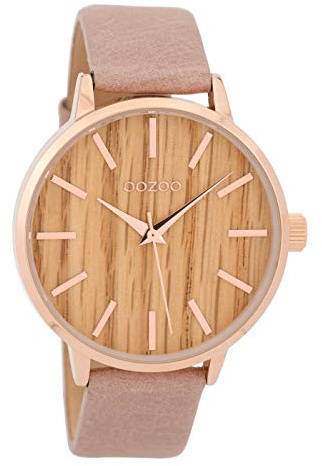 Oozoo Damenuhr mit Lederband Serie Wood 42 MM Holz/Pinkgrau C9251