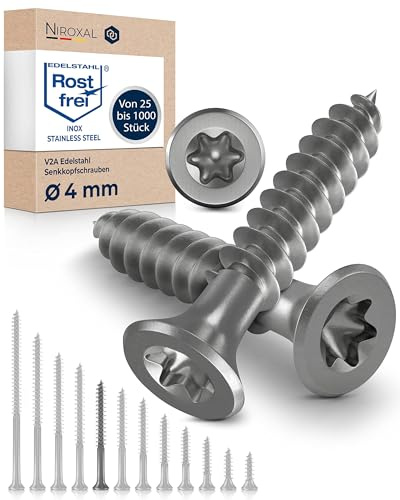 Träskruvar i Rostfritt Stål A2 – Försänkt Huvud Torx TX20 – Helgängade – 4 x 50 mm – 50 Pack – Universalskruvar för Trä
