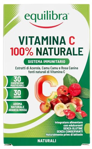 equilibra Integratori Alimentari, Vitamina C 100% Naturale, Integratore Sistema Immunitario, Riduce Stanchezza e Affaticamento, Aroma Naturale Arancia Rossa, 30 Compresse Masticabili