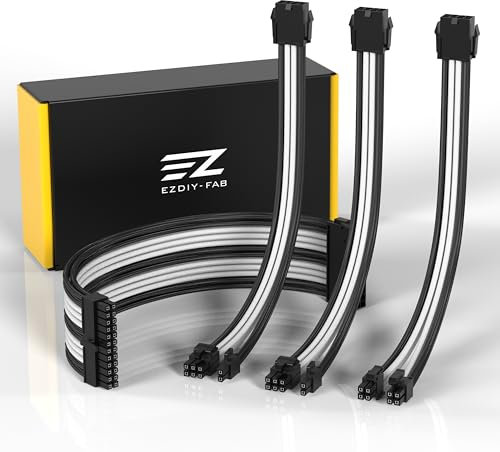 EZDIY-FAB PSU Verlängerungskabel Ummantelt Custom Mod PC Stromversorgungskabel,Weiches Nylongeflecht mit Kammsatz 24PIN/8PIN bis 6+2Pin/ 8PIN bis 4+4PIN-300MM-Schwarz Weiß