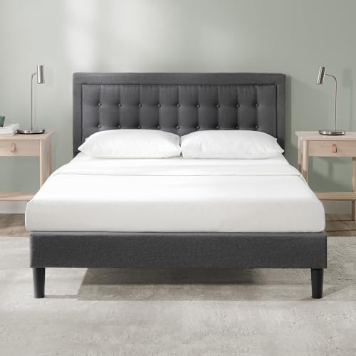 ZINUS Dachelle 35 cm Upholstered Platform Bed Frame | Mattress Foundation | Wood Slat Support | Easy Assembly | Double | Dark Grey
