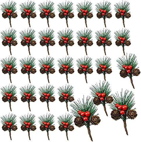 WideSmart 32 Stück Kleine künstliche Tannenzweige, Weihnachtsbeeren Tannenzweige Künstliche Kiefernzweige Beerenzweige Tannenzapfen für Weihnachtsblumen Kränze Urlaubsdekorationen DIY Handwerk
