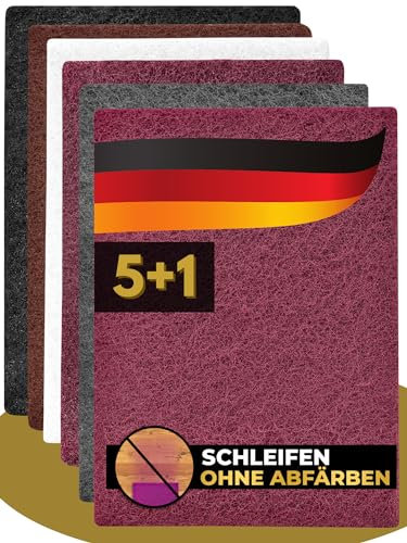CasaBena® - 6er Set Schleifvlies für Holz, Metall, Lack & Edelstahl - MADE IN GERMANY - Schleifpapier & Schleifpads 5 Pads mit Körnungen [100-1000] + 1 Reinigungsvlies ohne Körnung 150x210mm fein-grob