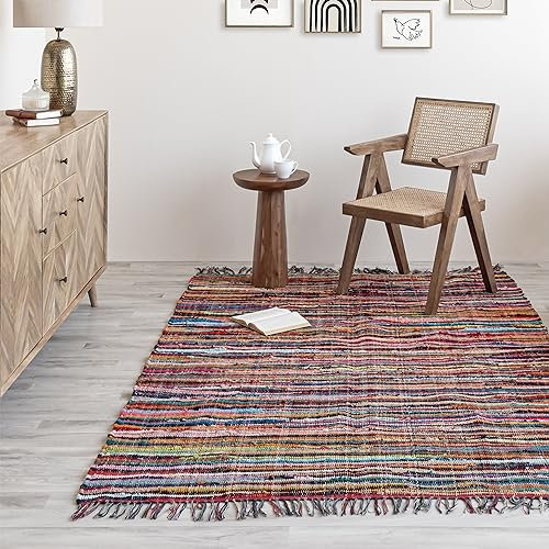 HOMEMONDE Bohemian Chindi Rag Rug with Tassels | 3x5 ft Reversible Hand-Braided Cotton Recycled Area Rug | Colorful Living Room, Bedroom, Kitchen & Décor