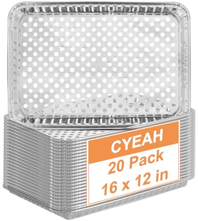 CYEAH 16 x 12 in Large Aluminum Foil Grill Topper Pans, 20 Pcs BBQ Grill Topper Pan with Holes, Non Viscous Aluminum Foil BBQ Grilling Tray for Cooking & Camping, No Clean Up Required
