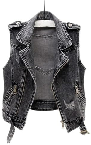 BINDT Ärmellose Jeansweste für Damen, große Größe S-5XL, Punk, schwarz, zerrissen, Gewaschene Jeansweste, Jeans, Reißverschluss, Bandage, Kurze Jeansweste,Grau,L