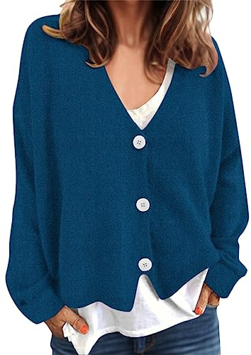 Femmes Automne et Hiver Simple décontracté Confortable Couleur Unie Pull tricoté Cardigan Bouton à Manches Longues Veste Courte Plaid Polaire Pull (Blue-A, XXL)