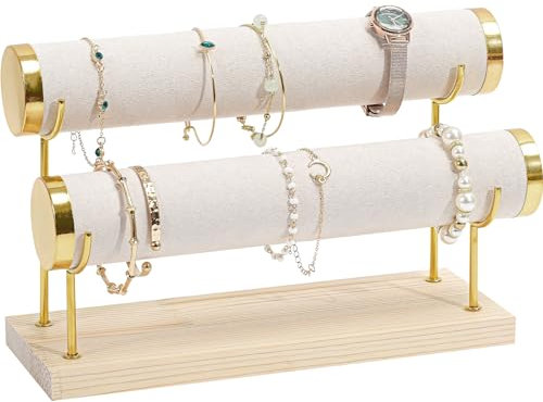 ProCase 2 Etagen T-Form Armbandhalter, Abnehmbare Armband Halterung Schmuckhalter, Samt Wrap Armbandständer Uhrenständer Aufbewahrung mit Holzsockel für Armreifen Armbänder Haarklammern Uhren -Beige