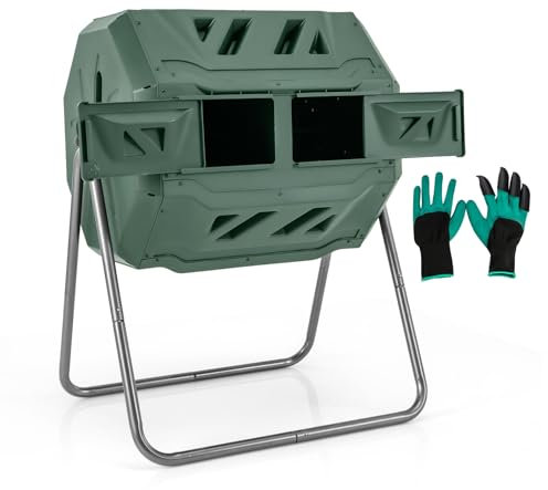 GOPLUS Compostador de tambor de 160 L, con 2 cámaras, 2 puertas correderas, marco de metal y 16 rejillas de ventilación, sin BPA, compostador de jardín para residuos orgánicos y de jardín, incluye
