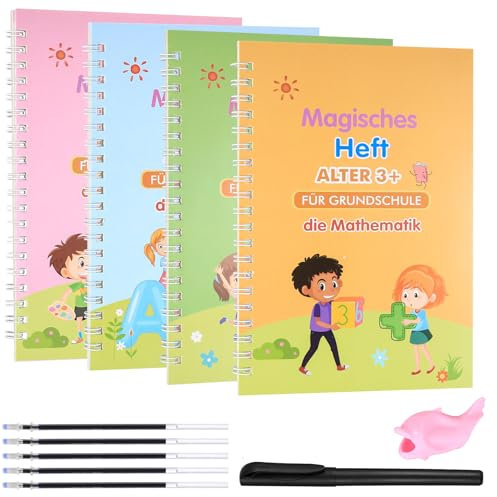 4 Deutsch Magisches Heft, Magische Übungshefte für Kinder, Handschrift Kalligraphie mit Stift wiederverwendbar für Schreiben Lernen Zahlen Zeichnung Mathe Briefe + 5 Nachfüllungen, 1 Schreibhilfe