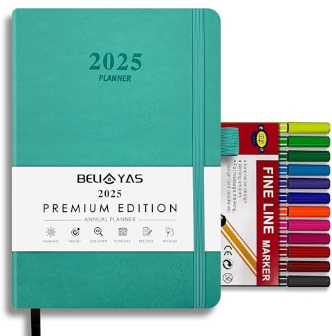 Agenda 2025, BELIAYAS Agendas Dia por Pagina, Funda Blanda de Cuero PU, Planificador Semanal 12 Meses con 12 Colores Rotulador Punta Fina(0.4mm), para Escolar/Trabajo, A5, 201 Páginas, Verde