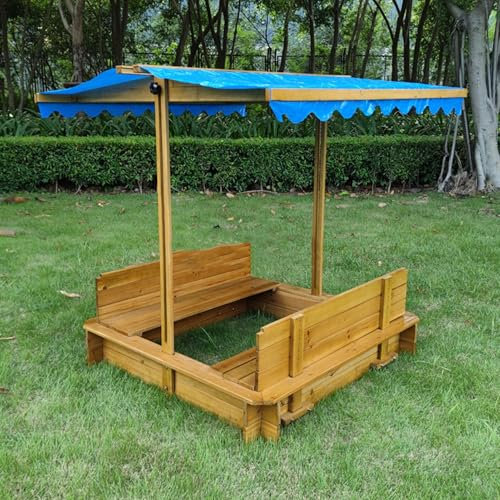 RSBQBATA Areneros de Madera con Tapa, Asientos Plegables, Techo Retráctil, Arenero Grande con Tapa para Jardín