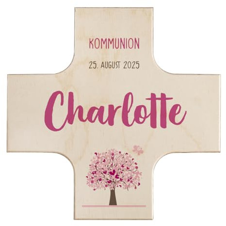 Striefchen® Holzkreuz zur Taufe, Kommunion oder Konfirmation mit Namen (Baum Rosa, 14 cm x 14 cm x 1,7 cm)