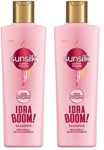 Sunsilk, Shampoo Idra Boom, Shampoo per Capelli Secchi e Sfibrati, Dona Fino a 72h di Idratazione e Effetto Anticrespo, Formula Super Fusion con Acido Ialuronico e Collagene, 220 ml (Confezione da 2)