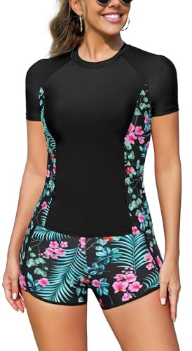 SHEKINI Rash Guard Set 2 Pièces Maillot de Bain Rashguard Imprimé Floral T-Shirt à Manches Courtes Shorts de Sport pour Surf Natation Séchage Rapide