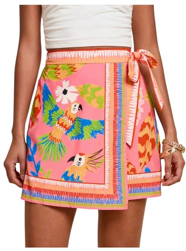 MakeMeChic Women's Summer Boho Wrap Mini Skirt Beach Vacation Short Skirts Pink Bird Print Small